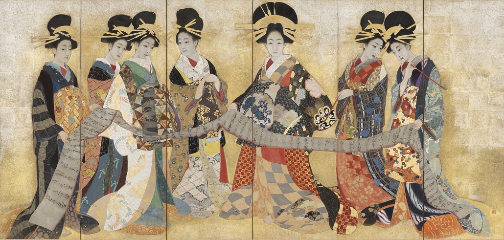 《 虹のかけ橋（七妍） 》 、 1915 76 （大正 4 昭和 51 ）年 、絹本着色・六曲一隻、 180.0 × 370.0cm 、京都国立近代美術館