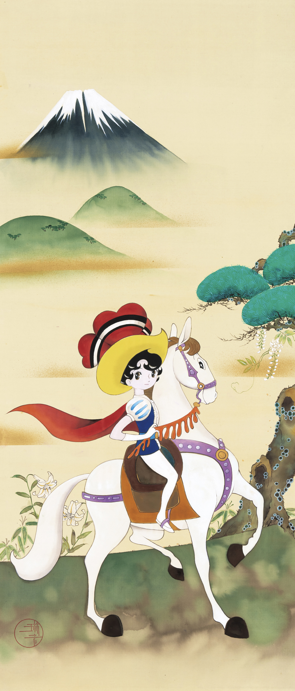 オリジナルキャラクター 絵画 尾九 刺青画 戦国 胸割りちゃん 双龍 黄色和だるま A3サイズ