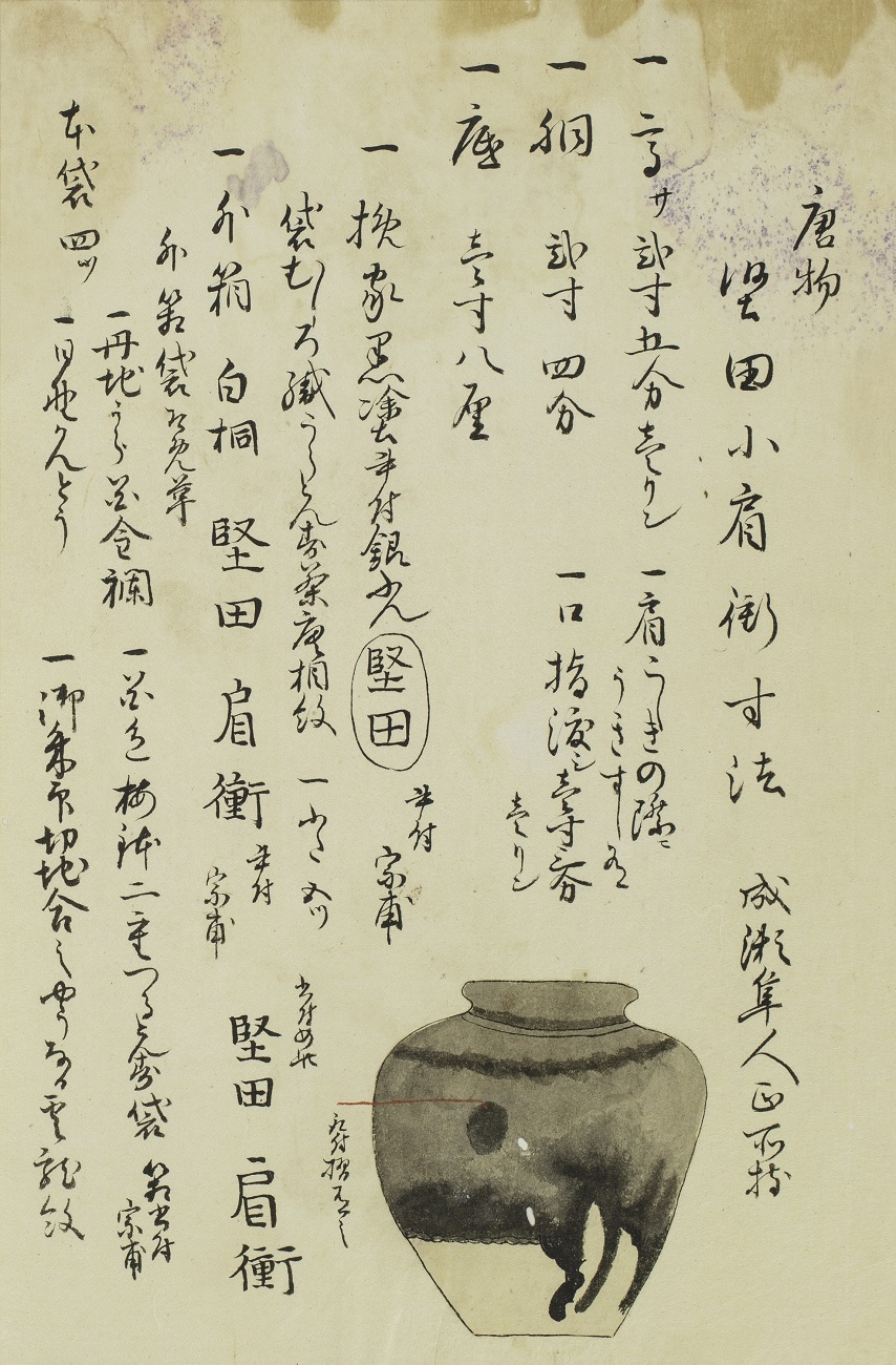 見どころ解説①「唐物肩衝茶入 銘堅田」の頁 | 特集：『三冊名物記』―知られざる江戸の茶道具図鑑― (展覧会は終了しました） |  京都新聞アート＆イベント情報サイト［ことしるべ］